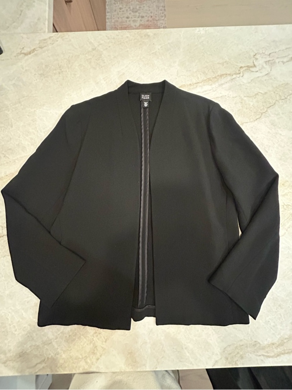 Eileen Fisher Italian Fabric Wool Blend Blazer Black Open Front Minimalist M